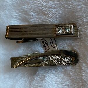 2 Tie Clips Silver overlay & CZ 1930’s / silver & gold tone mixed metal
